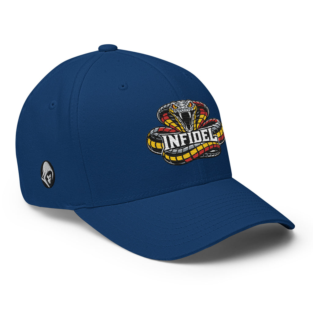 Right-front view of royal blue Infidel Coiled Cobra Flexfit hat