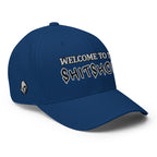 Right-front view of royal blue Welcome to the Shitshow Flexfit hat