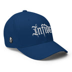 Right-front view of royal blue Infidel Script Flexfit hat