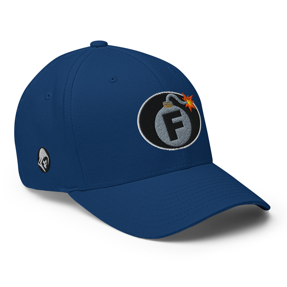 Royal Blue structured Flexfit cap with embroidered F-Bomb design, right front view