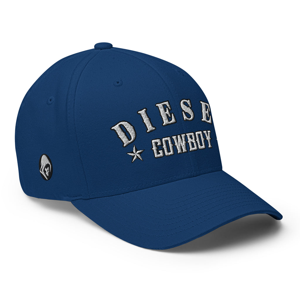 Royal Blue structured Flexfit cap with embroidered Diesel Cowboy design, right front view