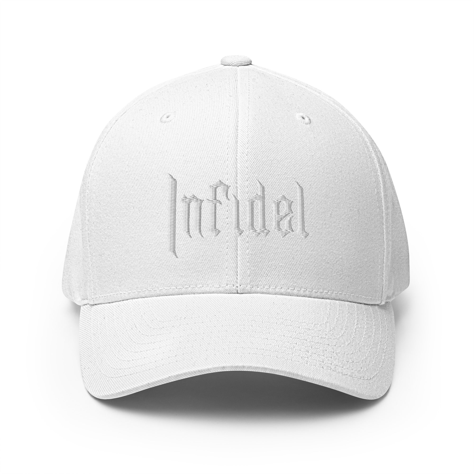 White cap with 'infidel' logo on a white background