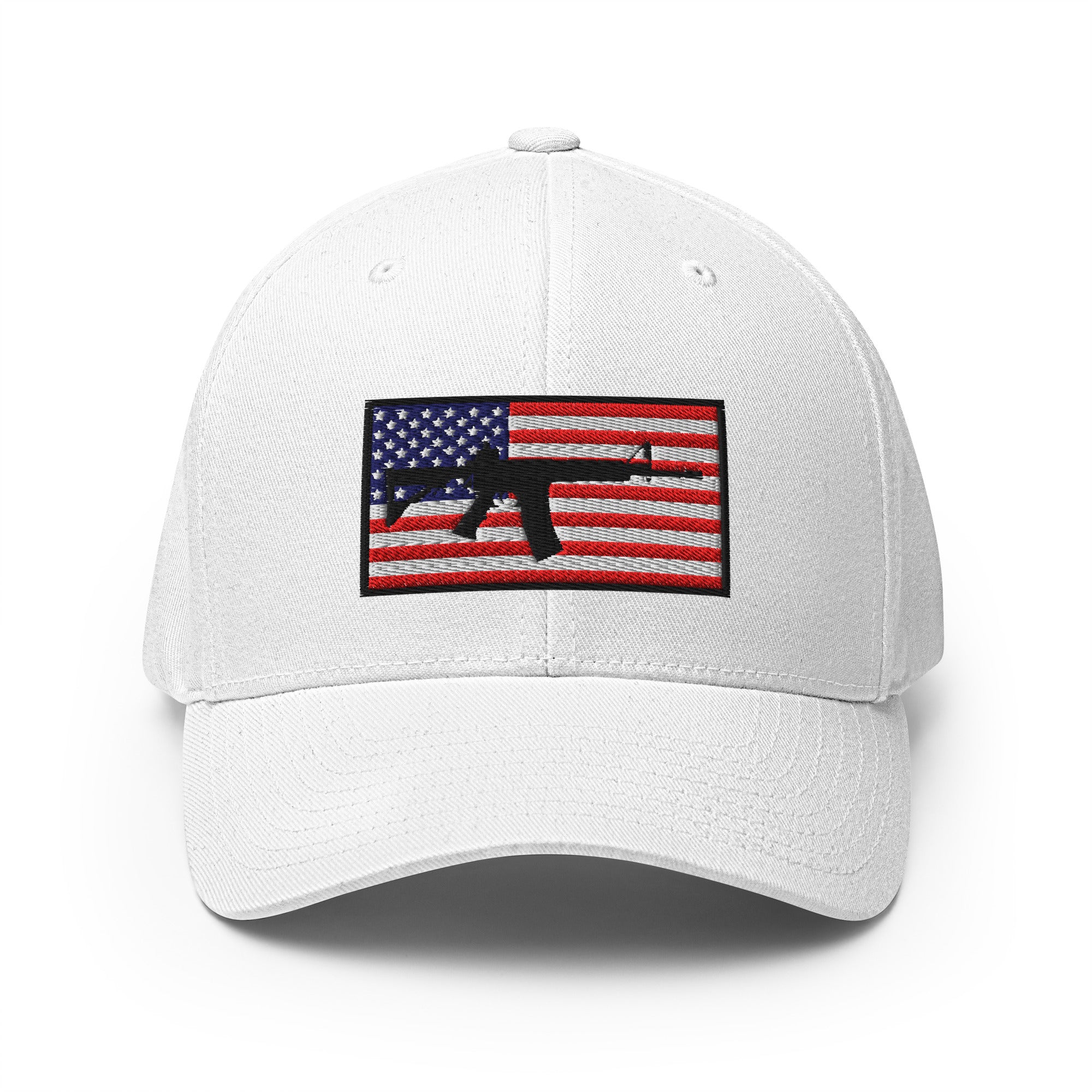 White cap with American flag and gun emblem on a white background