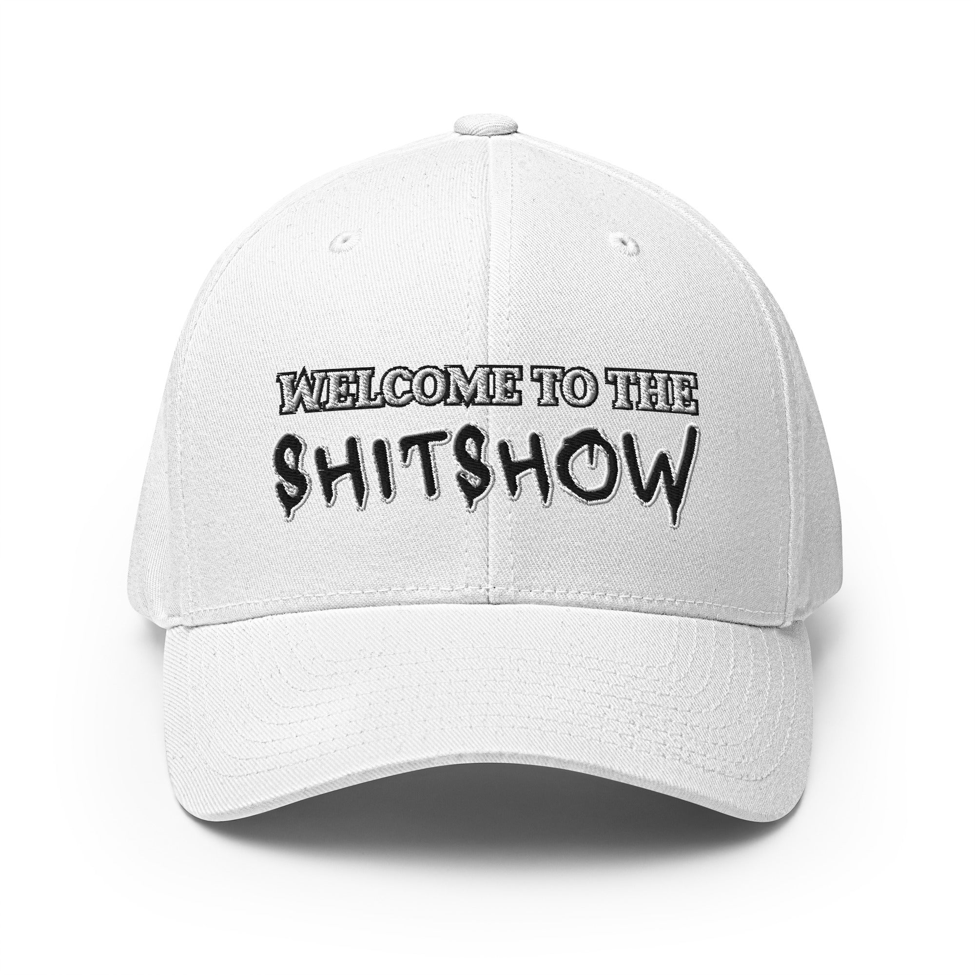 White cap with 'WELCOME TO THE SHITSHOW' text on a white background