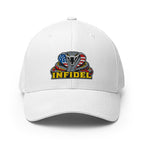 Front view of white Infidel USA Flag Cobra Flexfit hat