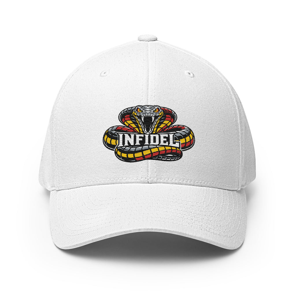 Front view of white Infidel Coiled Cobra Flexfit hat