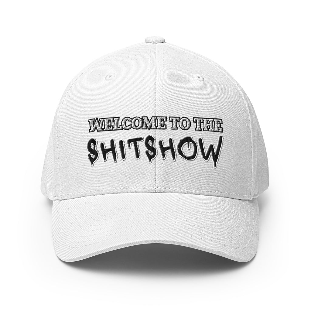 Front view of white Welcome to the Shitshow Flexfit hat