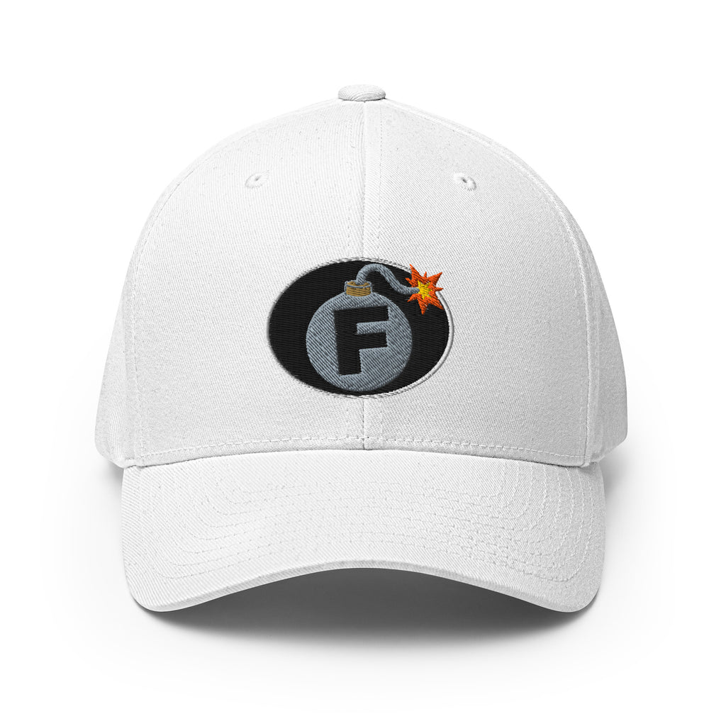 White structured Flexfit cap with embroidered F-Bomb front design, front view