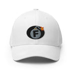 White structured Flexfit cap with embroidered F-Bomb front design, front view