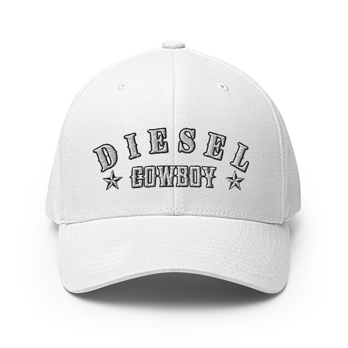 White structured Flexfit cap with embroidered Diesel Cowboy front design, front view