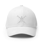 White structured Flexfit cap, front view with Call to Arms embroidery