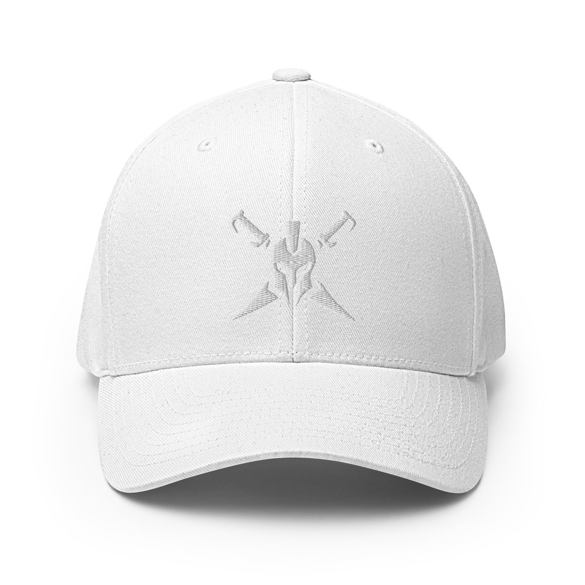 White structured Flexfit cap, front view with Call to Arms embroidery