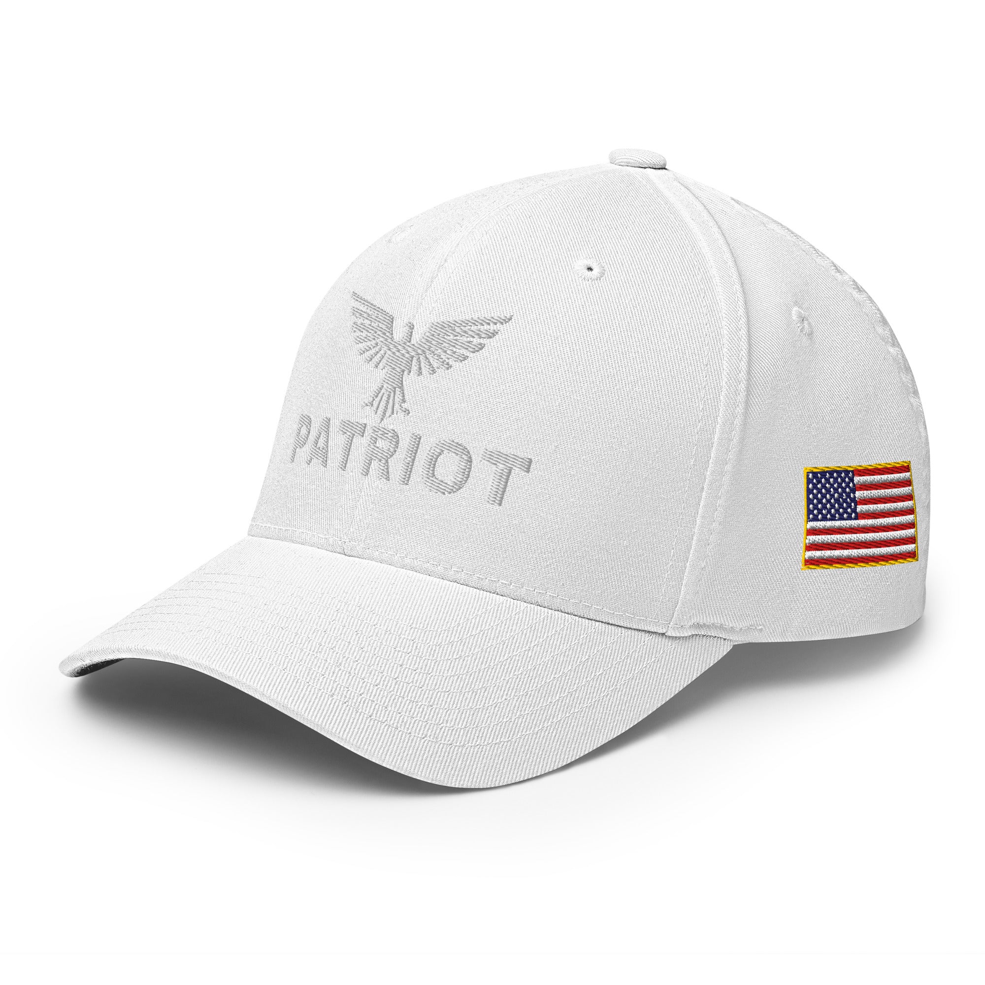 White cap with 'Patriot' text and American flag on a white background