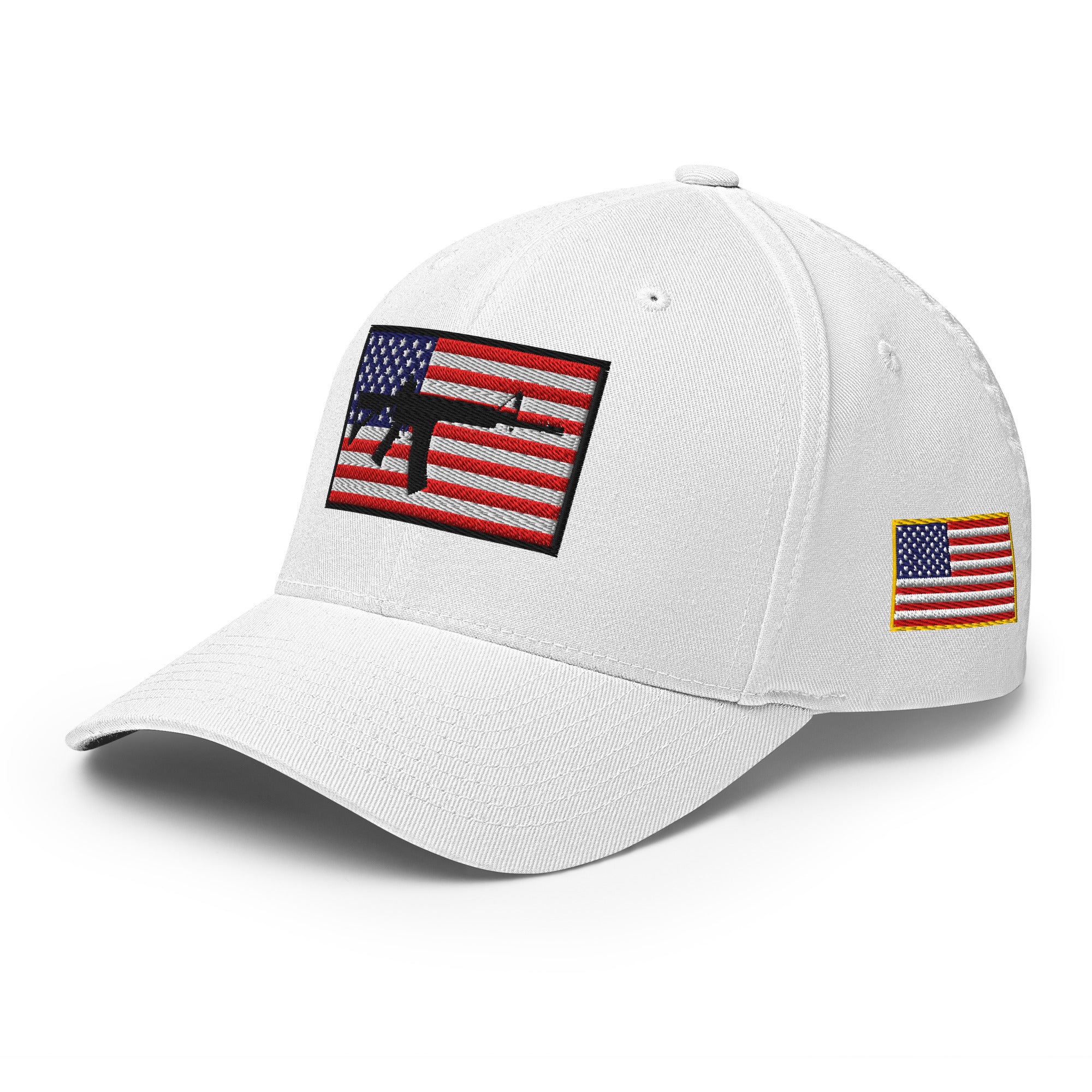 White cap with American flag patch on a white background