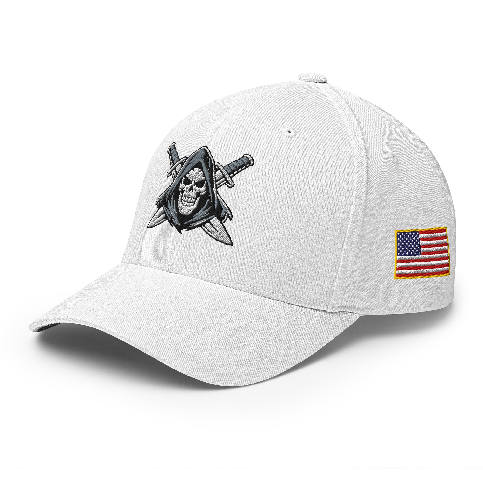 White cap with skull and sword emblem and American flag on a white background