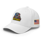 Left-front view of white Infidel USA Flag Cobra Flexfit hat