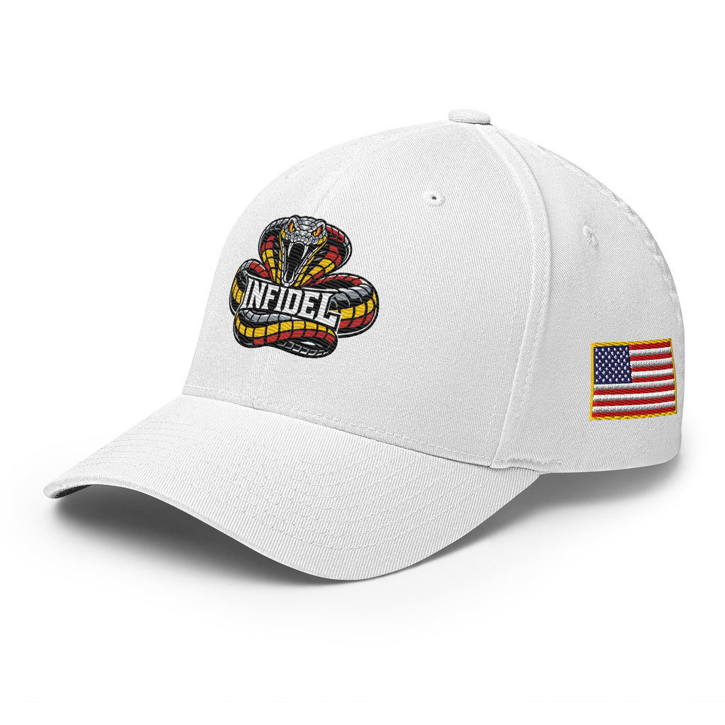 Left-front view of white Infidel Coiled Cobra Flexfit hat