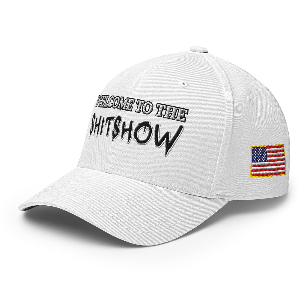 Left-front view of white Welcome to the Shitshow Flexfit hat