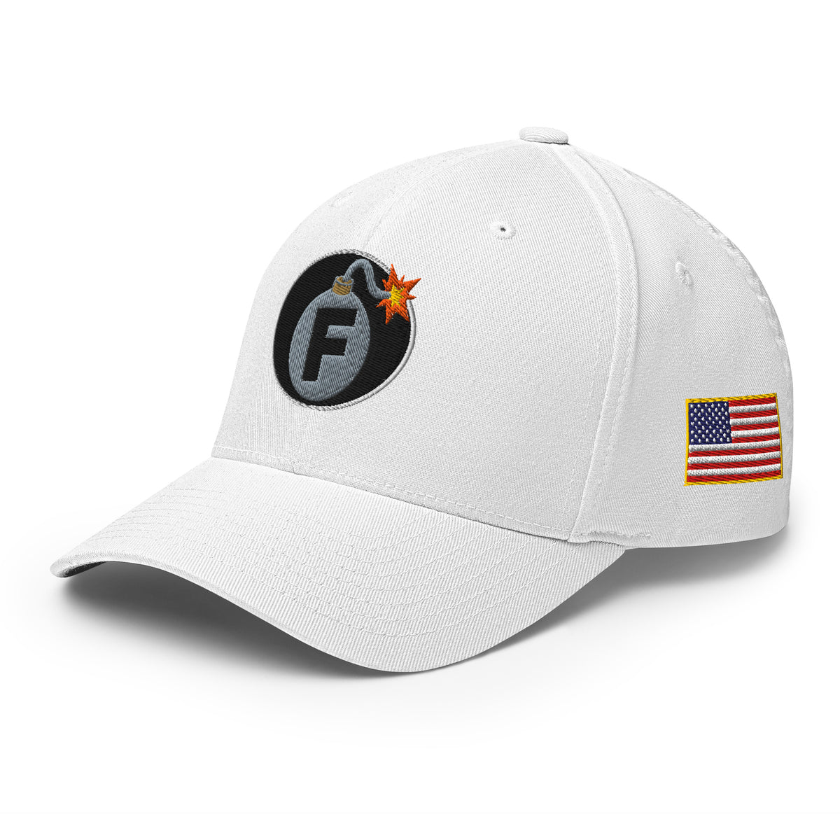 White structured Flexfit cap with embroidered F-Bomb design, left front view