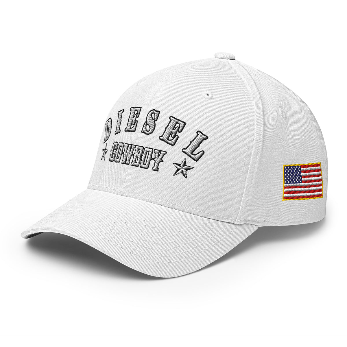 White structured Flexfit cap with embroidered Diesel Cowboy design, left front view