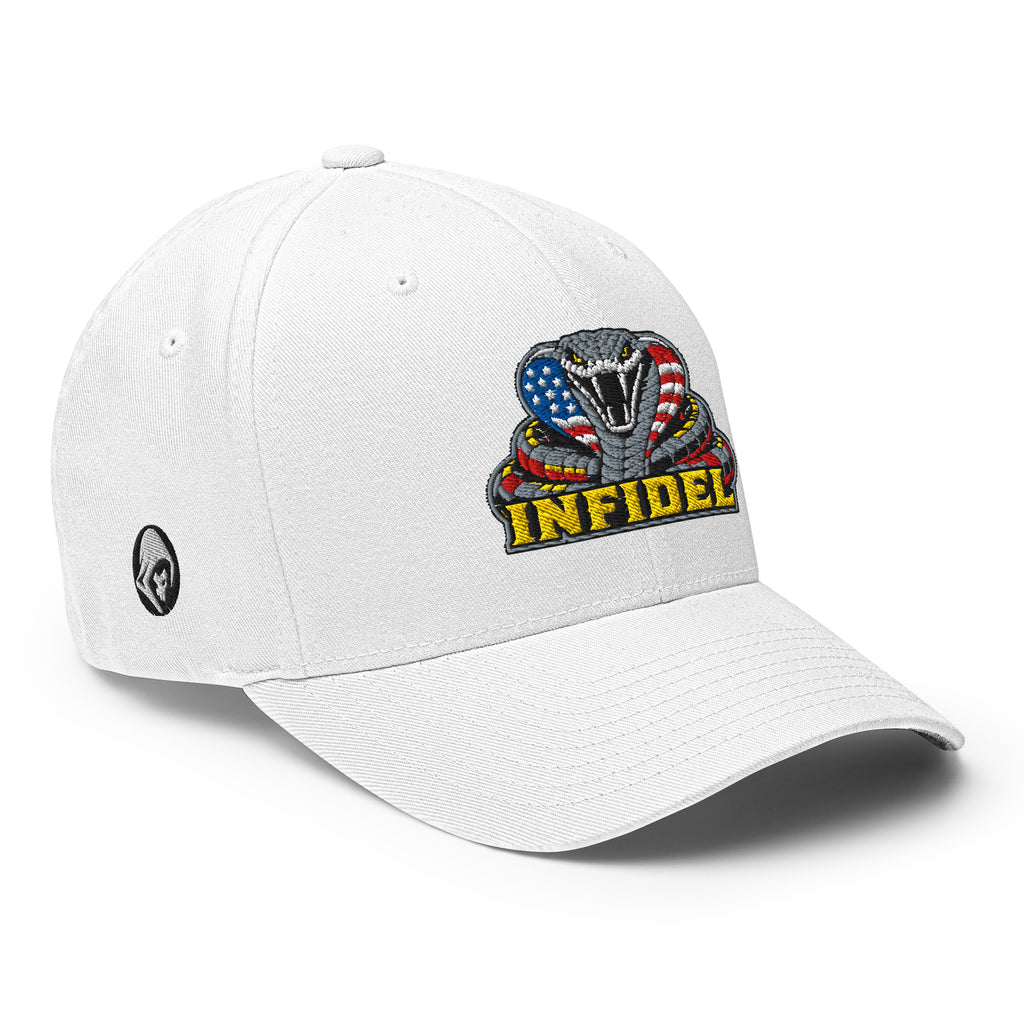 Right-front view of white Infidel USA Flag Cobra Flexfit hat