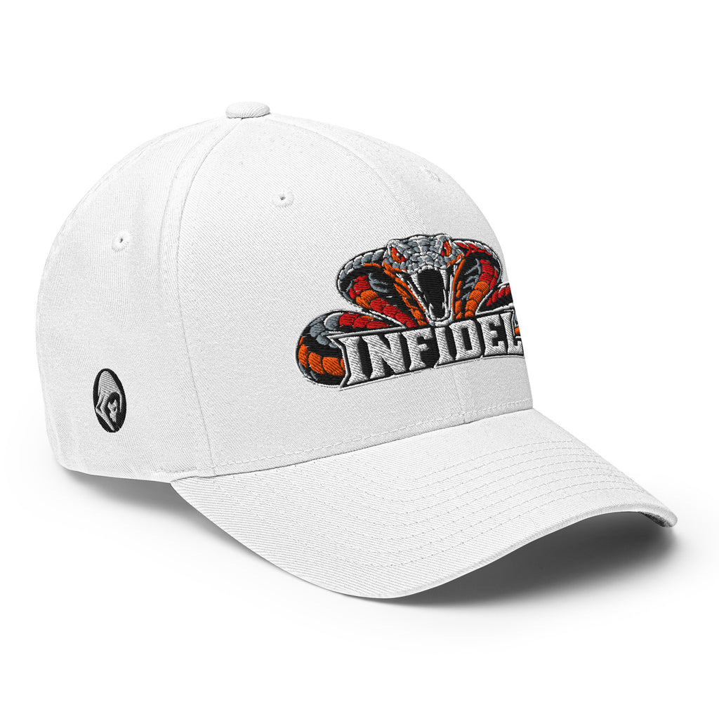 Right-front view of white Infidel Cobra King Flexfit hat