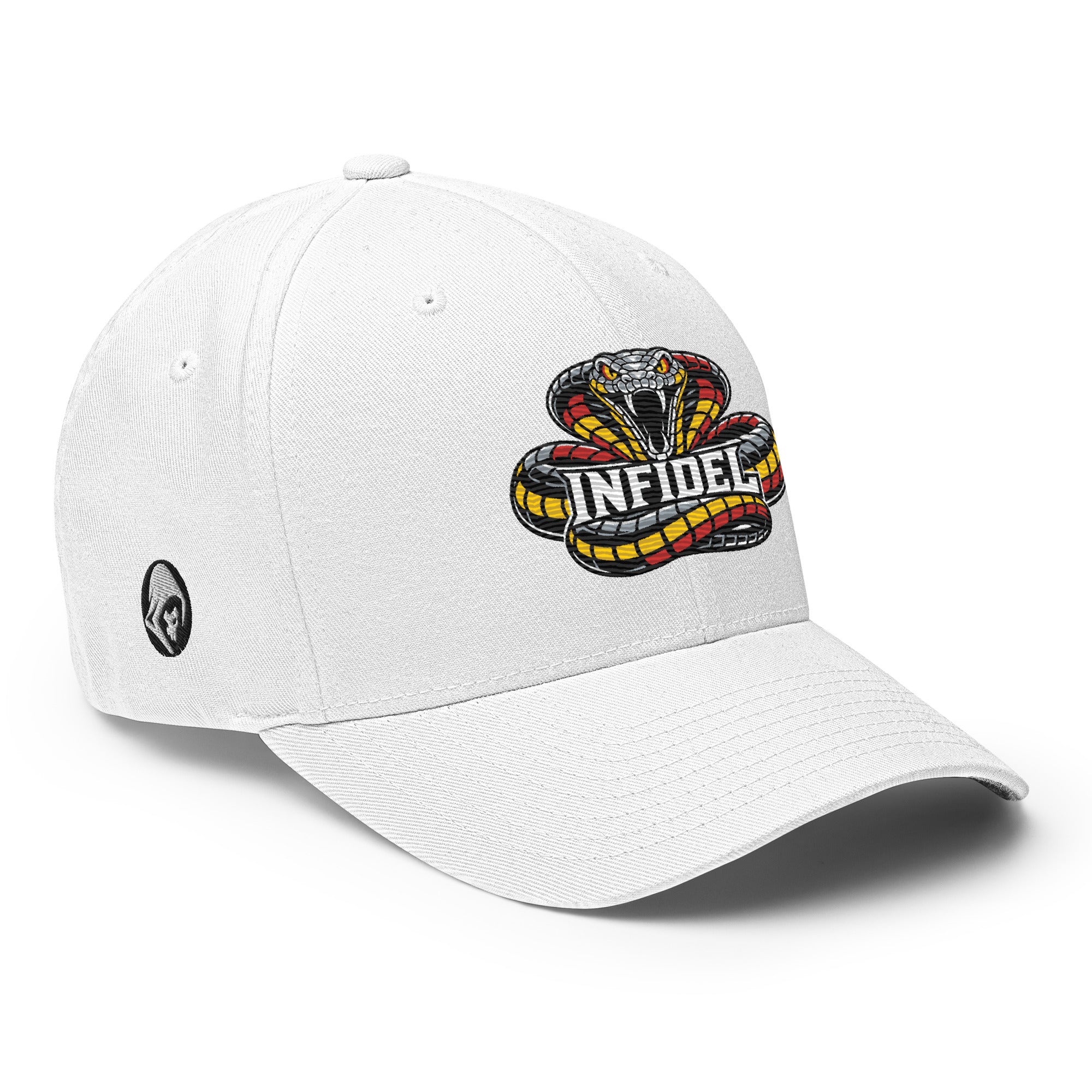 Right-front view of white Infidel Coiled Cobra Flexfit hat