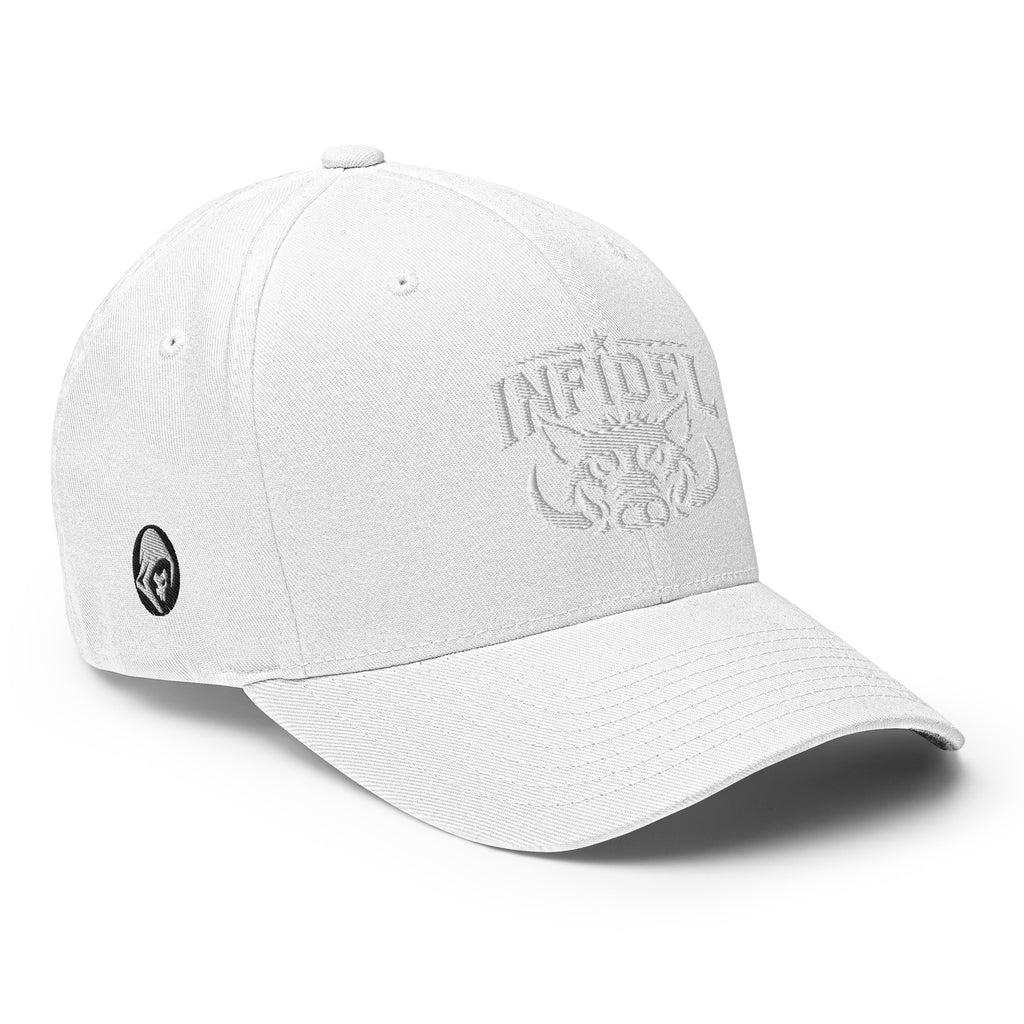 Right-front view of white Infidel War Pig Flexfit hat