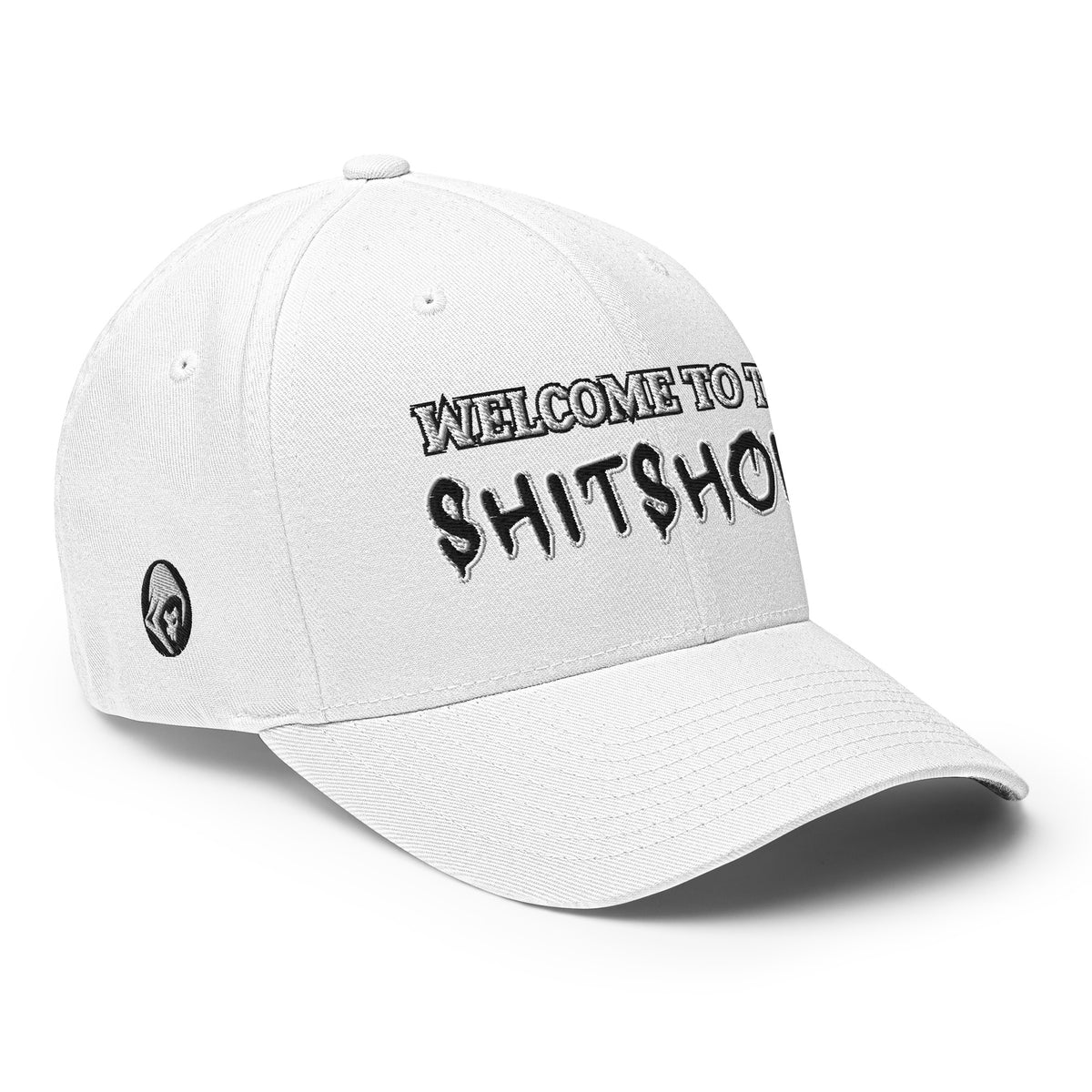 Right-front view of white Welcome to the Shitshow Flexfit hat