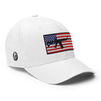Right-front view of white AR-15 Old Glory Flexfit hat