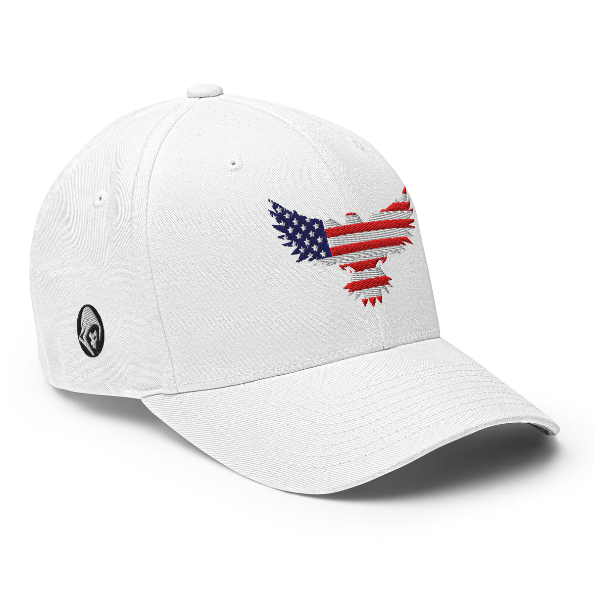 Right-front view of white Old Glory Eagle Flexfit hat