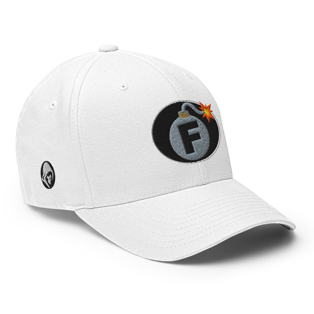 White structured Flexfit cap with embroidered F-Bomb design, right front view