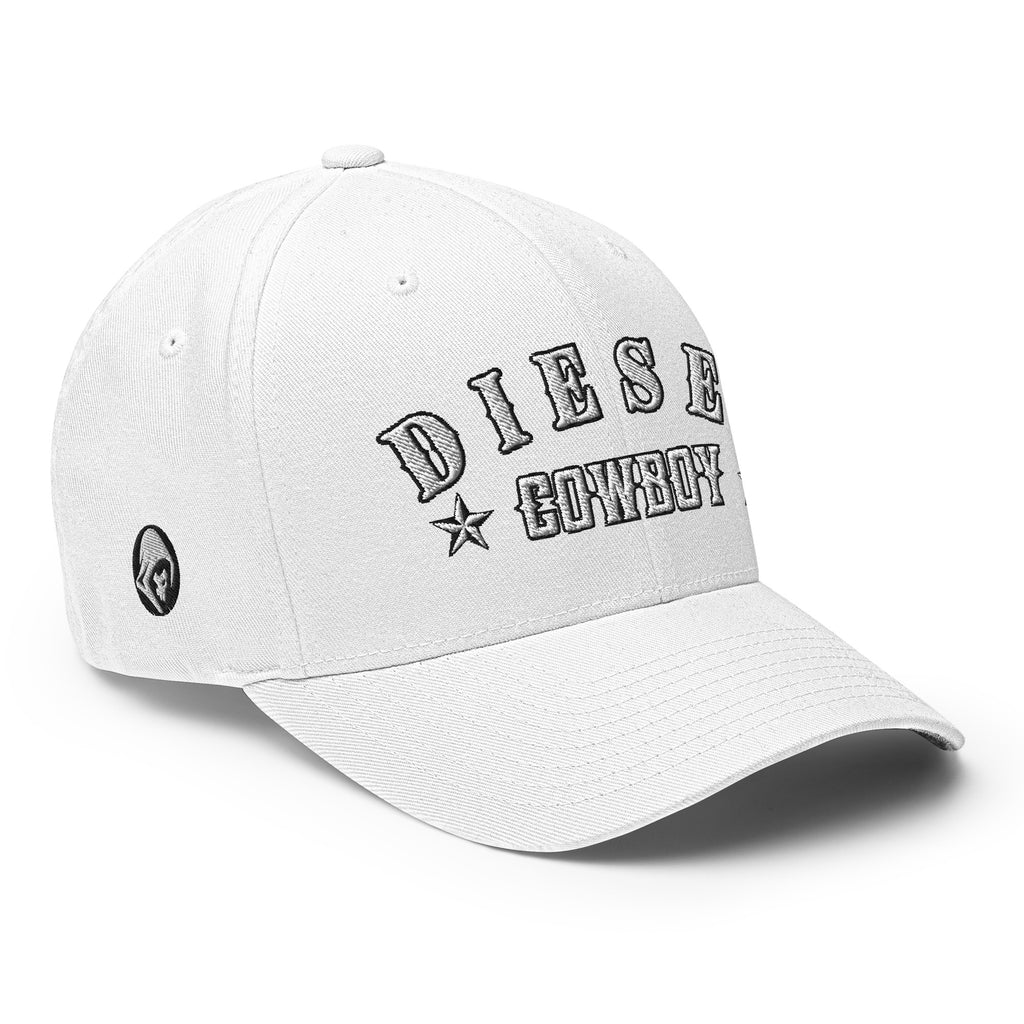 White structured Flexfit cap with embroidered Diesel Cowboy design, right front view