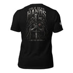 Cold Dead Hands knight sword back print black tee from Infidel Collective