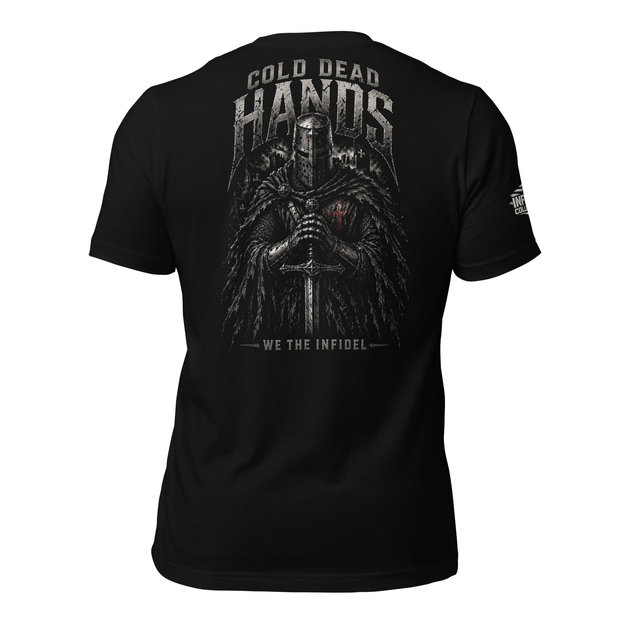Cold Dead Hands knight sword back print black tee from Infidel Collective