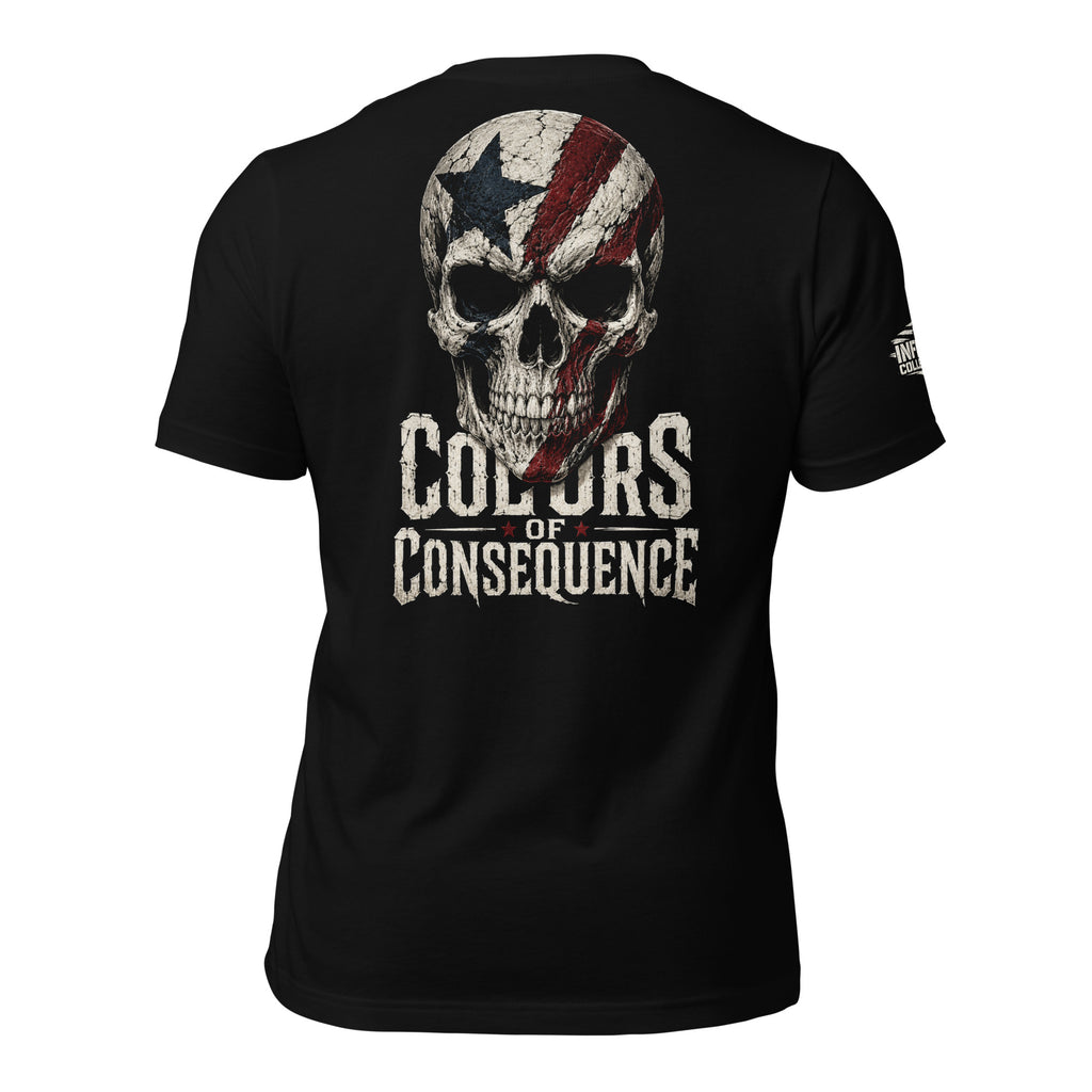 Colors of Consequence skull flag back print black tee from Infidel Collective