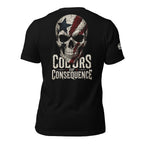 Colors of Consequence skull flag back print black tee from Infidel Collective