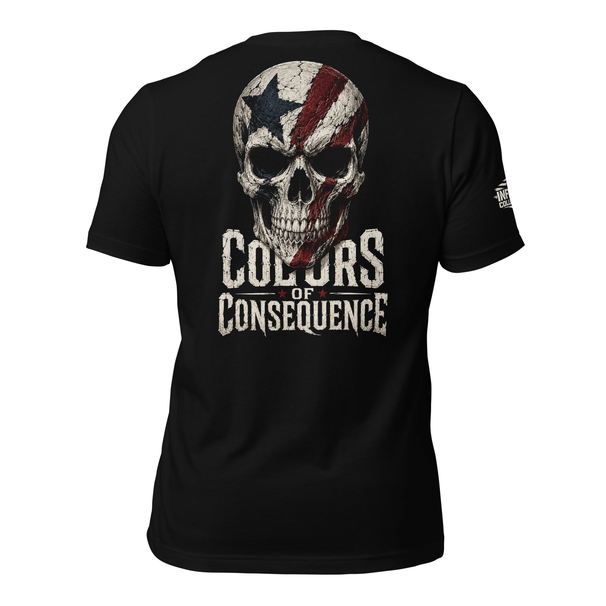 Colors of Consequence skull flag back print black tee from Infidel Collective