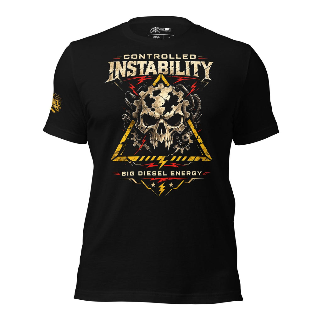 Controlled Instability Trucker Big Diesel Energy skull gear graphic black tee from Infidel Collective