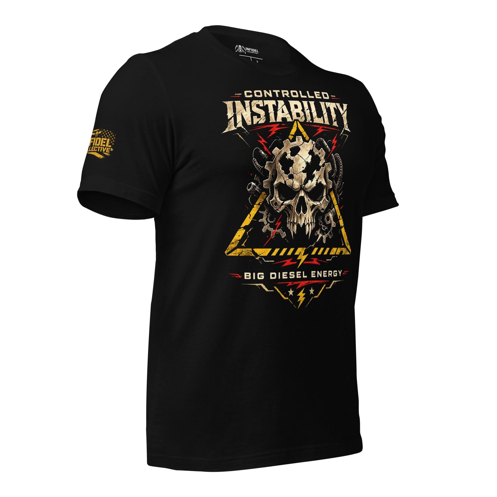 Controlled Instability Trucker Big Diesel Energy skull gear graphic black tee from Infidel Collective
