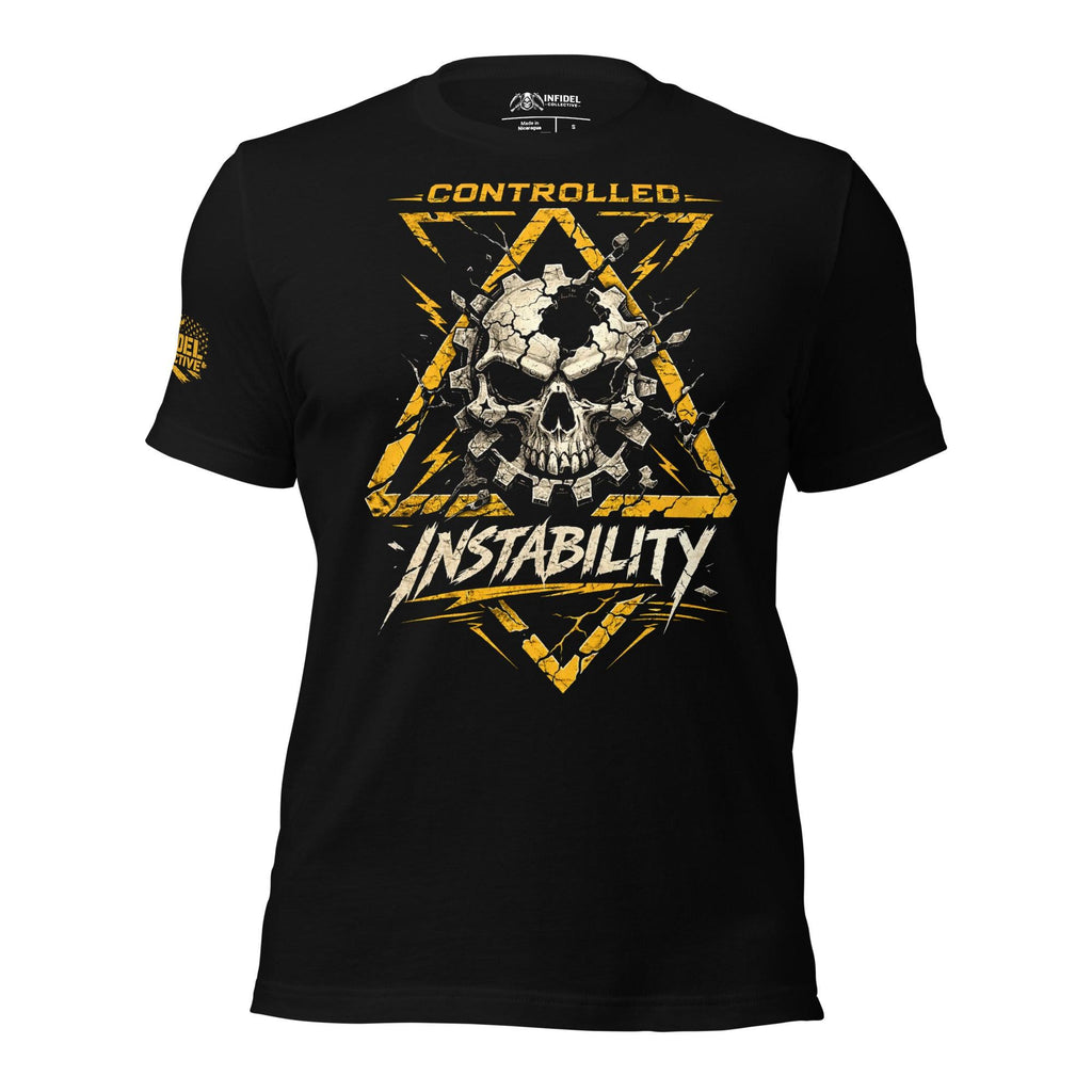 Black tee with Controlled Instability front print featuring cracked skull, industrial gear elements, yellow hazard symbol, and distressed graphics