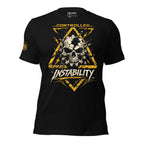 Black tee with Controlled Instability front print featuring cracked skull, industrial gear elements, yellow hazard symbol, and distressed graphics
