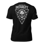 Black tee with Controlled Instability back print featuring a cracked skull surrounded by industrial steel plates and mechanical hardware