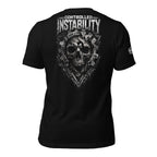 Black tee with Controlled Instability back print featuring distressed skull graphic surrounded by industrial metal and mechanical elements