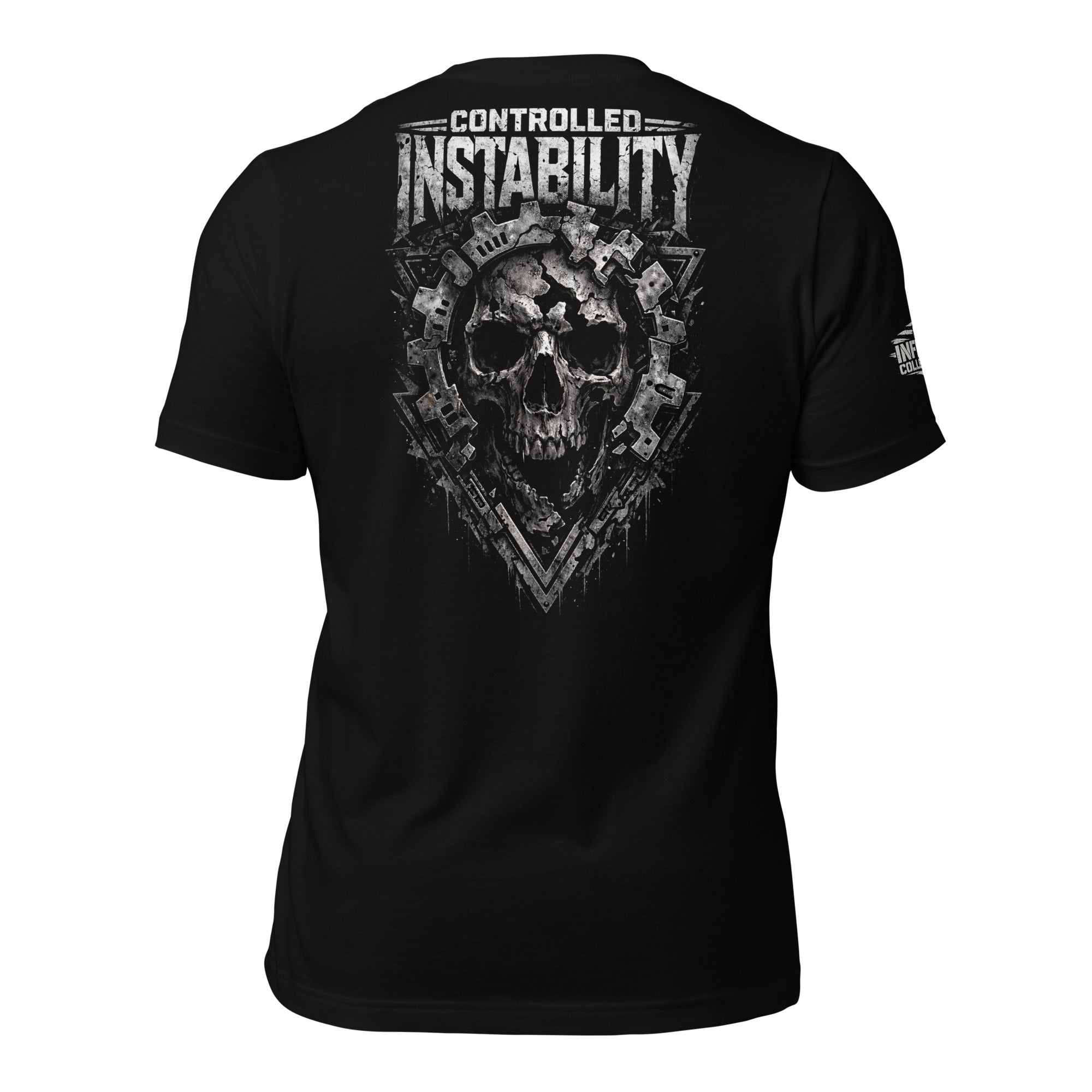 Black tee with Controlled Instability back print featuring distressed skull graphic surrounded by industrial metal and mechanical elements