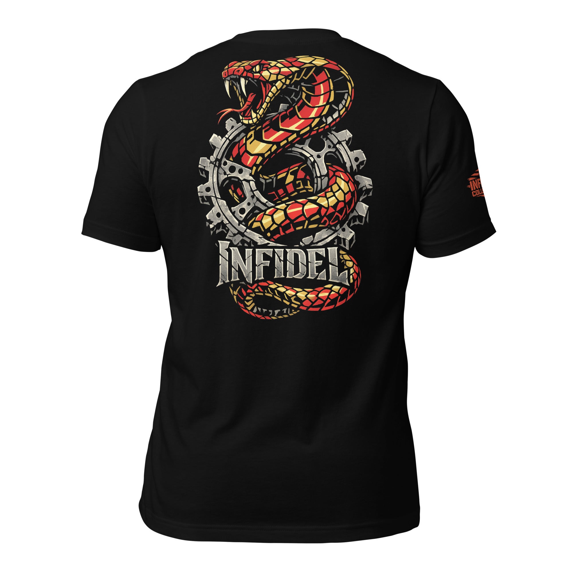 Copper Sprocket Infidel rattlesnake back print black tee from Infidel Collective