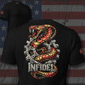 copper Infidel rattlesnake wrapped around a motorcycle sprocket design back print black tee from Infidel Collective