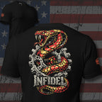 Copper Sprocket Infidel rattlesnake back print black tee from Infidel Collective