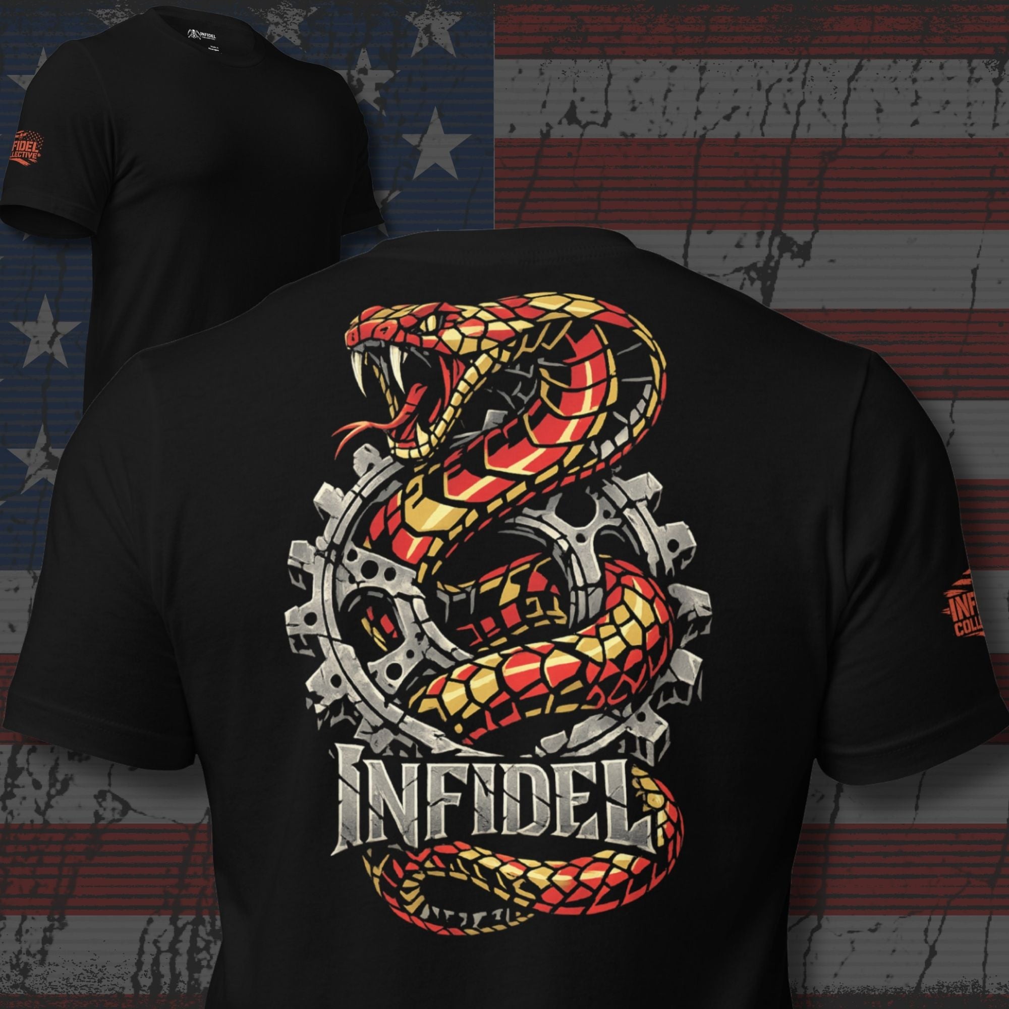 Copper Sprocket Infidel rattlesnake back print black tee from Infidel Collective