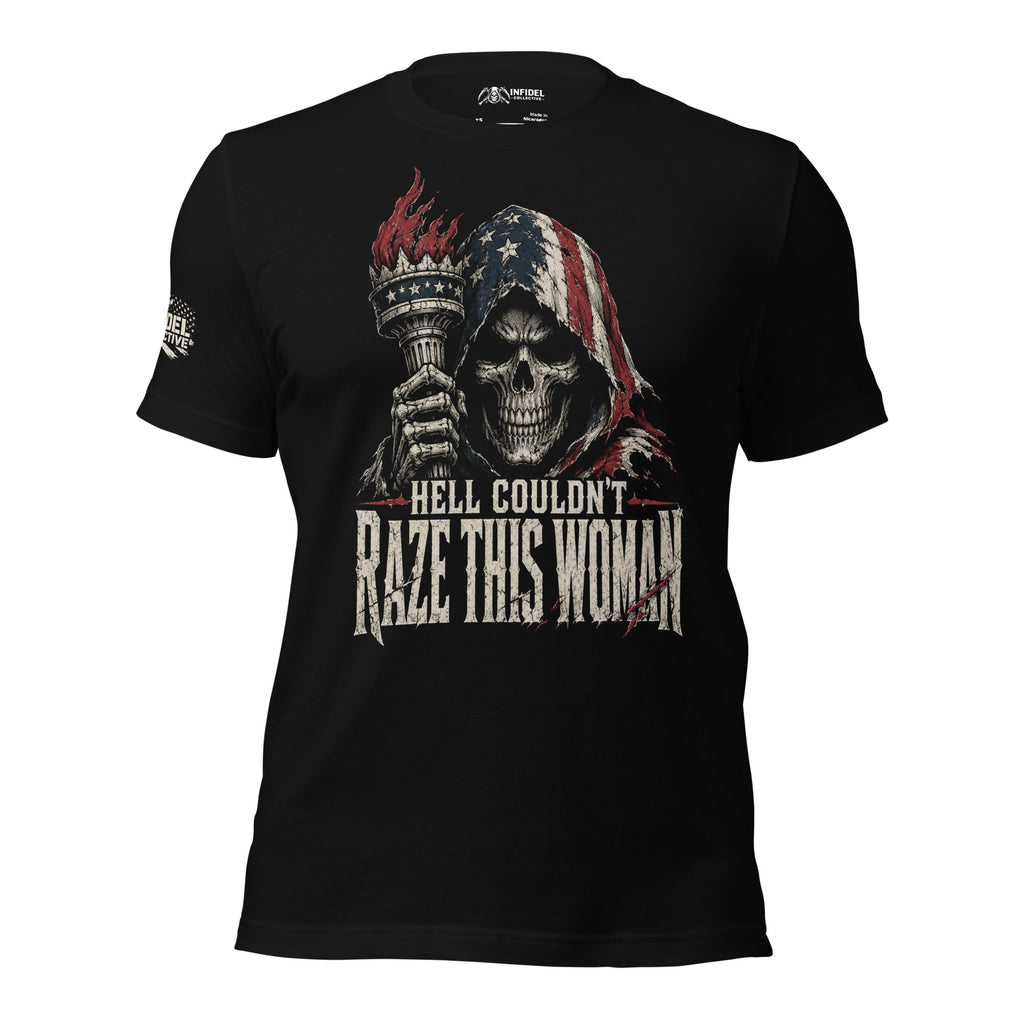 Couldn’t Raze This Woman skull liberty torch graphic black tee from Infidel Collective